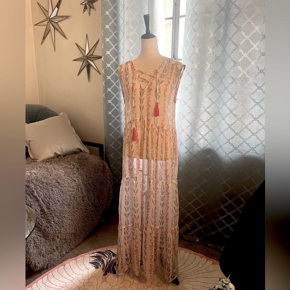Maxi beach coverup. Sheer and so pretty with flowers and leaves accents.
